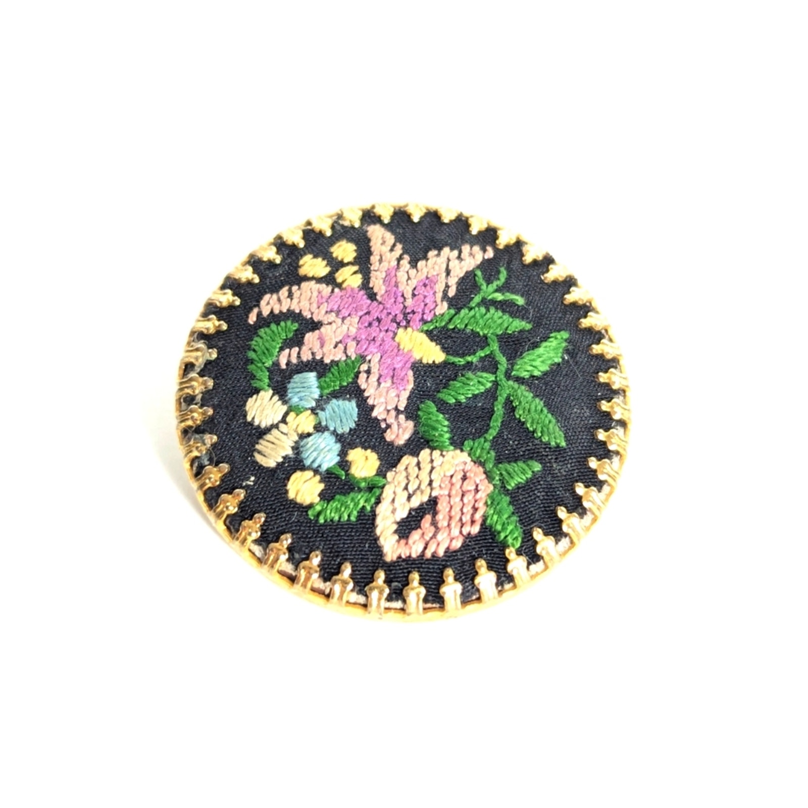 Vintage Romantic Estate Petit Needle Point Floral Leaf Tapestry Fabric Brooch